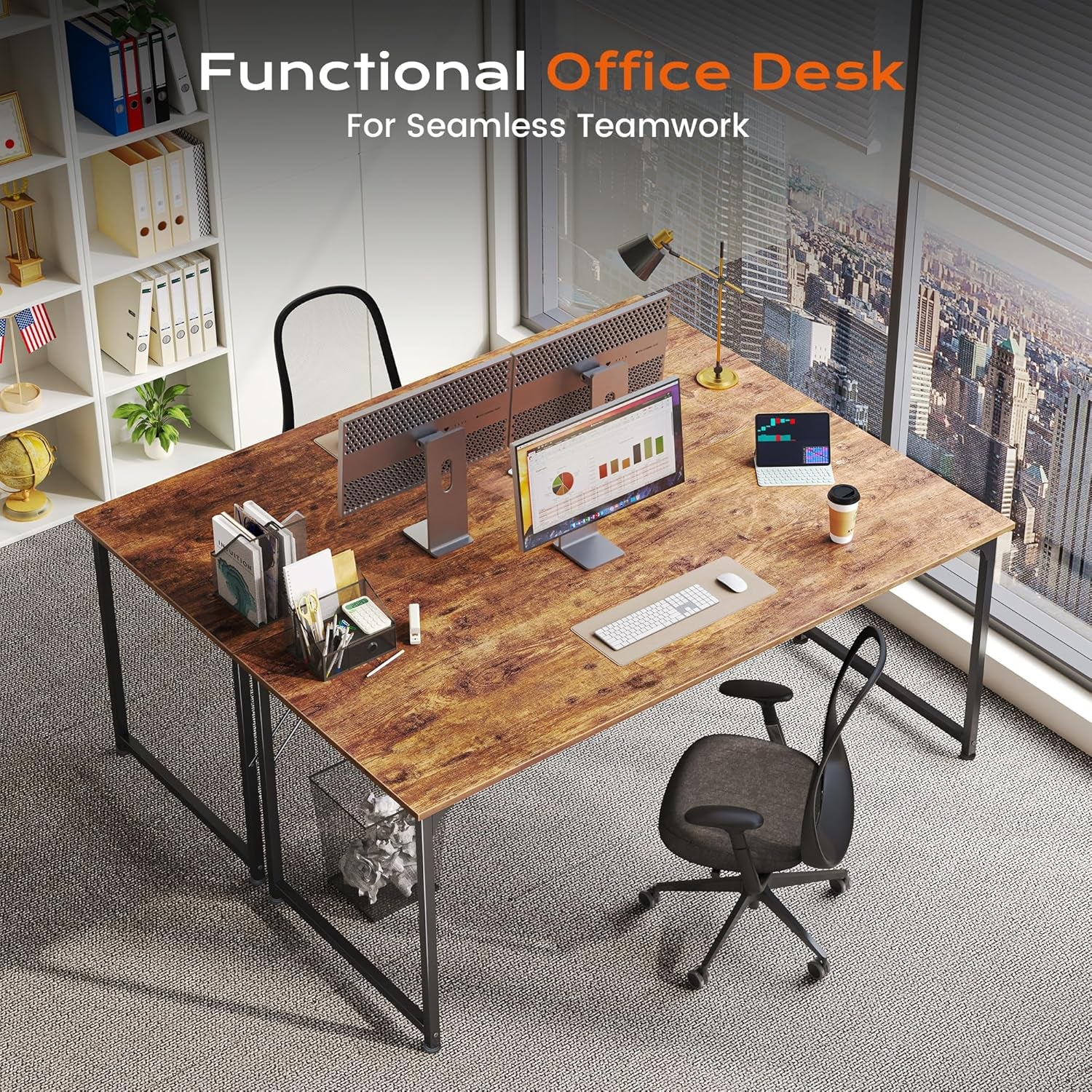 55Inch Computer Desk Deep Desktop Rustic Brown Metal Frame - Image 3