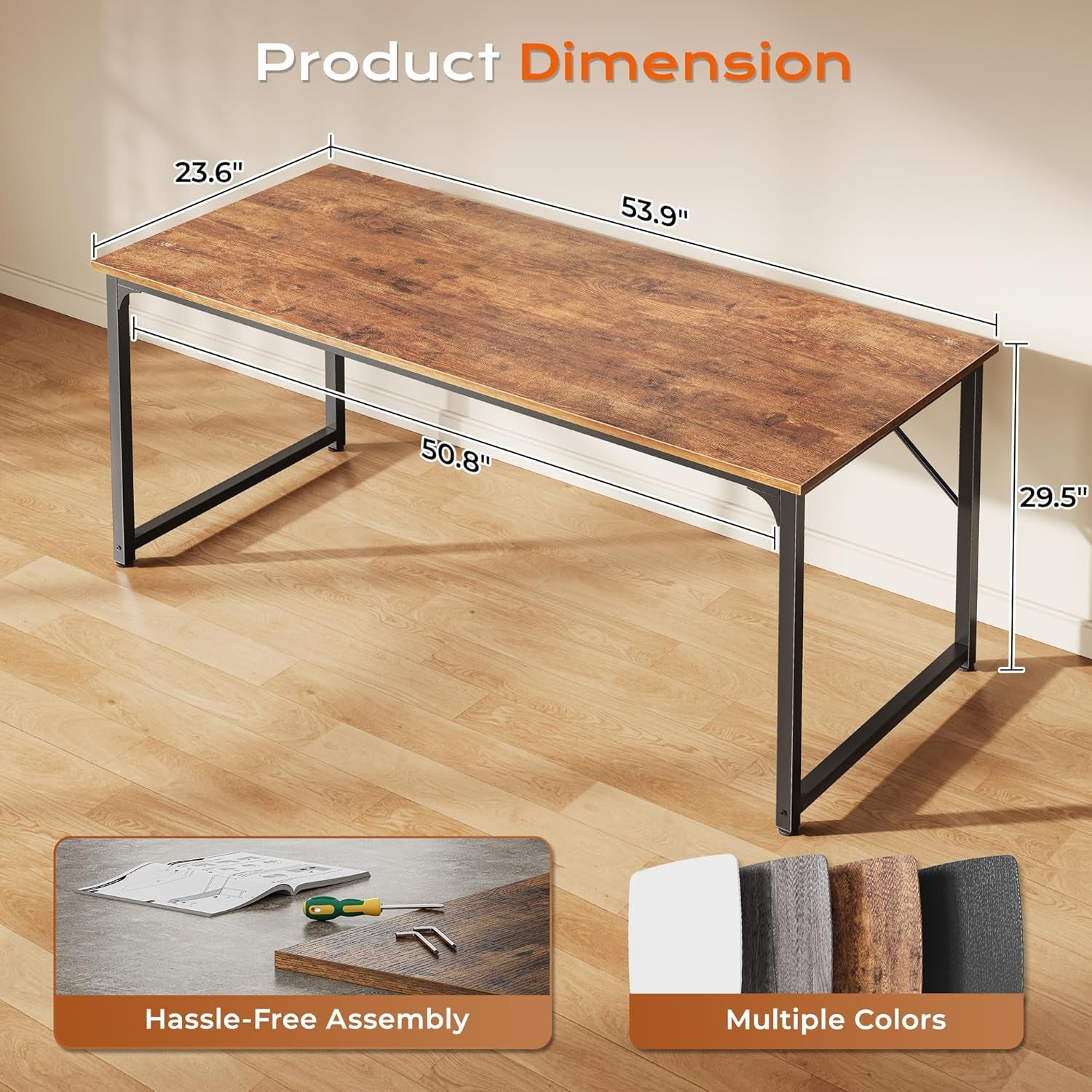 55Inch Computer Desk Deep Desktop Rustic Brown Metal Frame - Image 2